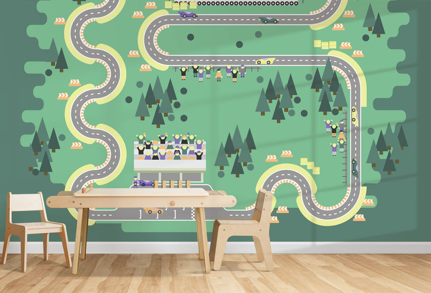 GM0410 Grace & Gardenia Race Car Track Premium Peel and Stick Mural 156in wide x 112in height, Green Gray Yellow