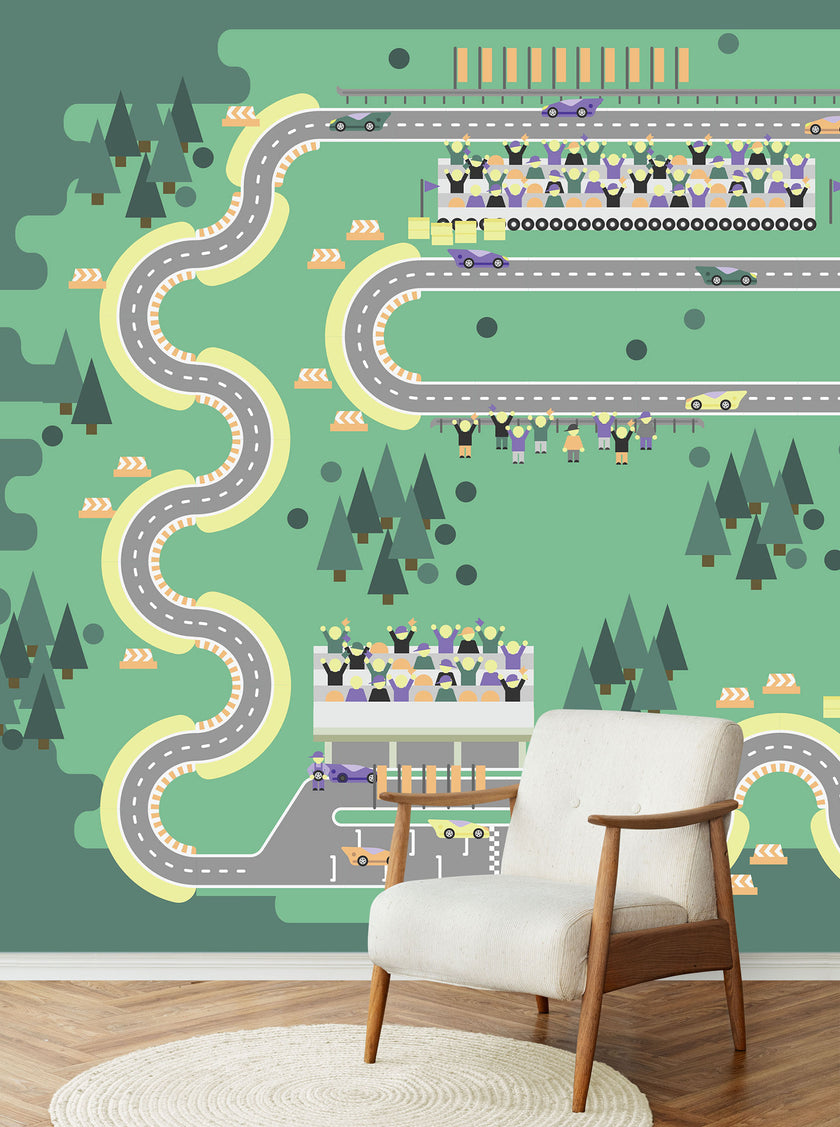 GM0410 Grace & Gardenia Race Car Track Premium Peel and Stick Mural 156in wide x 112in height, Green Gray Yellow