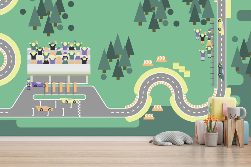 GM0410 Grace & Gardenia Race Car Track Premium Peel and Stick Mural 156in wide x 112in height, Green Gray Yellow