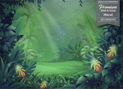 GM0420 Grace & Gardenia Rainforest Clearing Premium Peel and Stick Mural 156in wide x 112in height, Green Blue