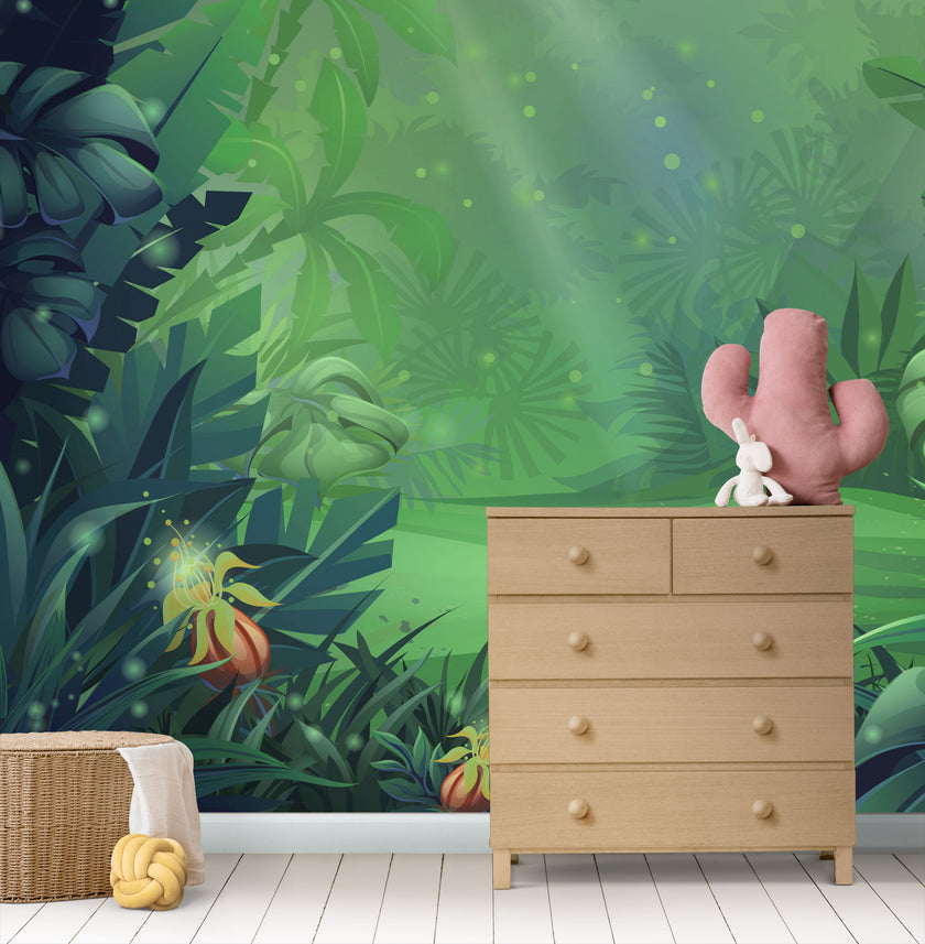 GM0420 Grace & Gardenia Rainforest Clearing Premium Peel and Stick Mural 156in wide x 112in height, Green Blue