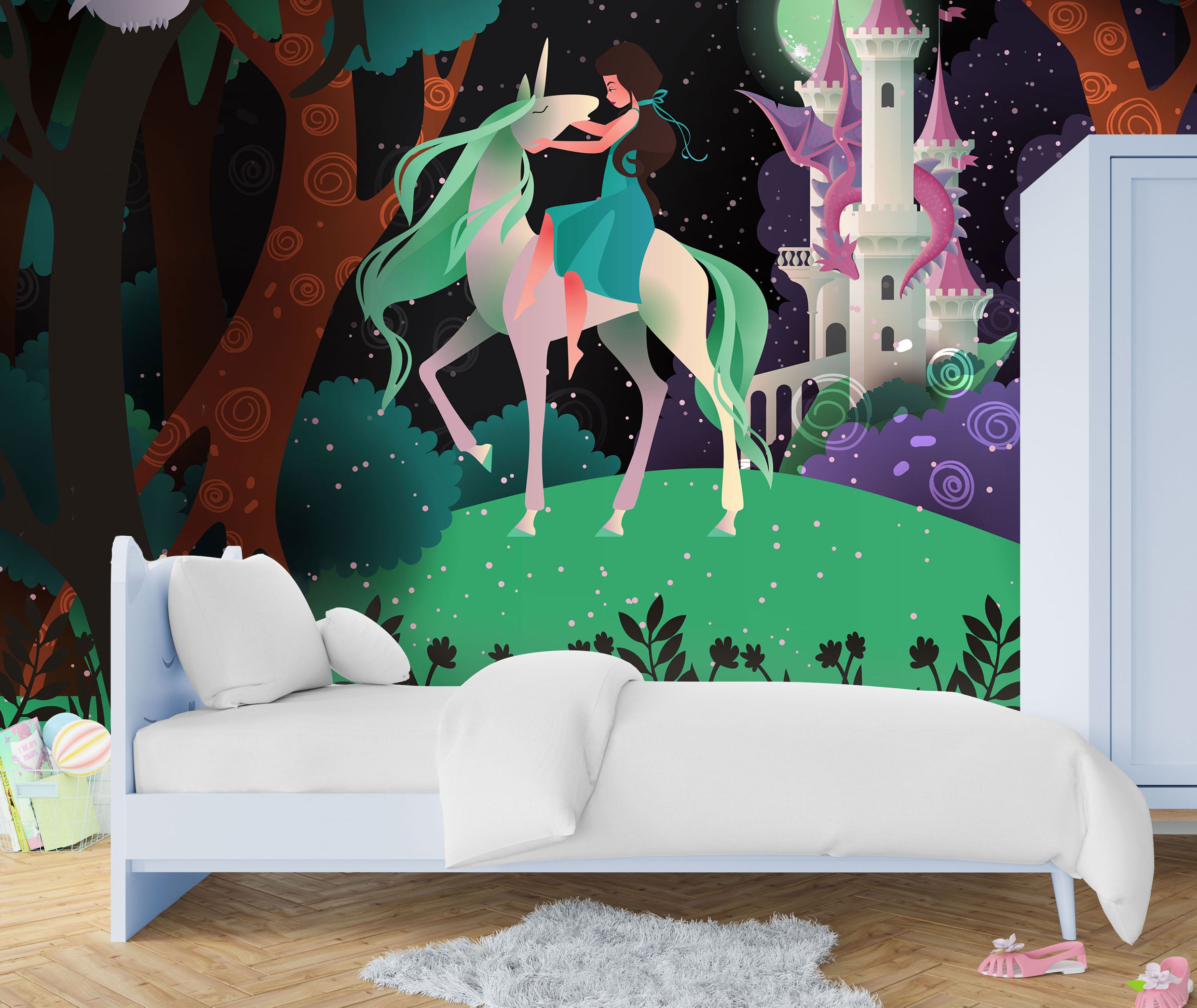 GM0430 Grace & Gardenia Unicorn Princess Forest Premium Peel and Stick Mural 156in wide x 112in height, Green Orange Purple