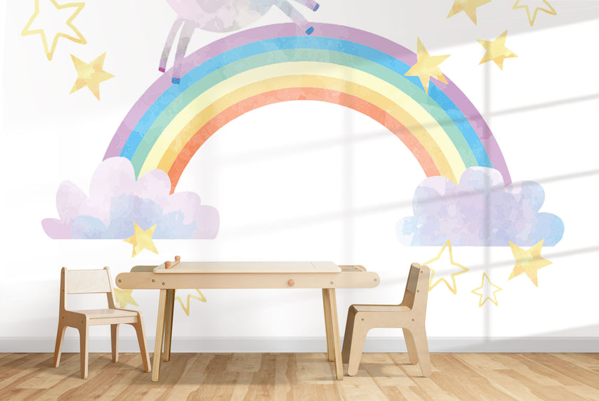 GM0440 Grace & Gardenia Unicorn Rainbows Premium Peel and Stick Mural 156in wide x 112in height, Yellow Purple Blue