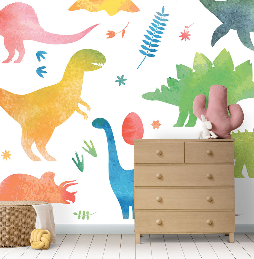 GM0450 Grace & Gardenia Watercolor Dinosaurs Premium Peel and Stick Mural 156in wide x 112in height, Blue Green Yellow