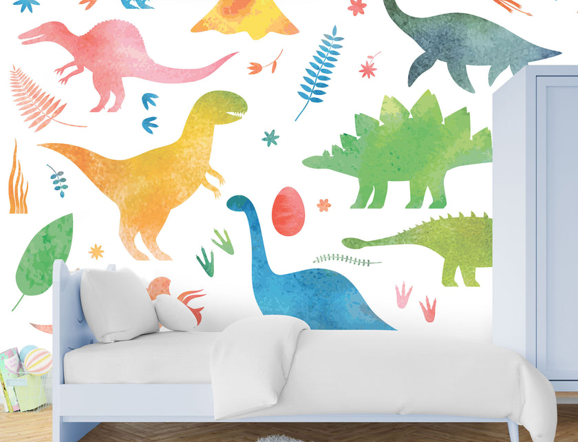 GM0450 Grace & Gardenia Watercolor Dinosaurs Premium Peel and Stick Mural 156in wide x 112in height, Blue Green Yellow