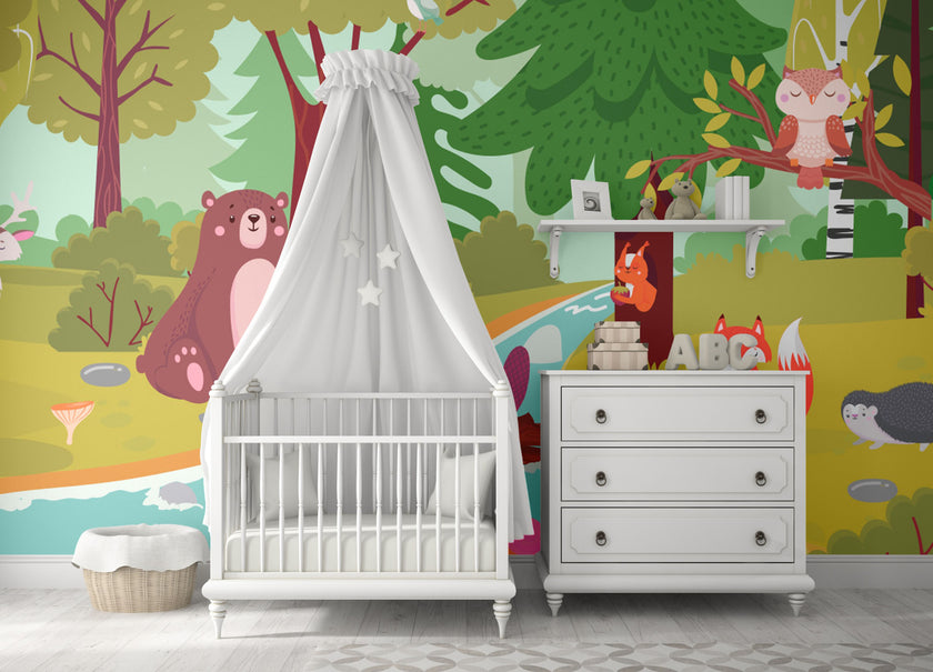 GM0460 Grace & Gardenia Woodland Creatures Premium Peel and Stick Mural 206in wide x 112in height, Green Blue Purple