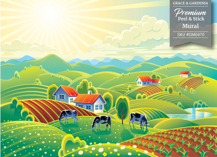 GM0470 Grace & Gardenia Happy Cow Farm Premium Peel and Stick Mural 156in wide x 112in height, Green Blue Yellow