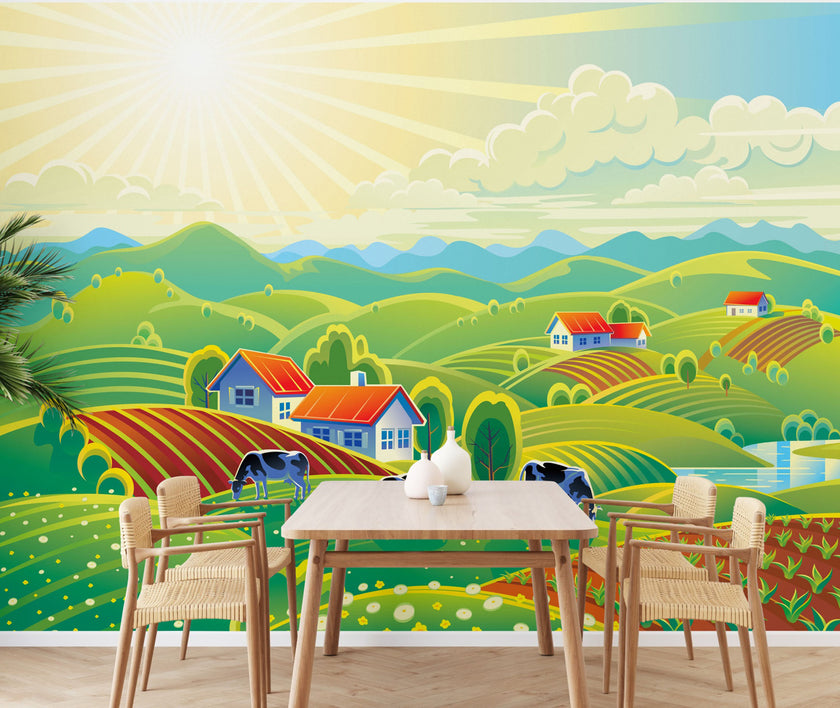 GM0470 Grace & Gardenia Happy Cow Farm Premium Peel and Stick Mural 156in wide x 112in height, Green Blue Yellow