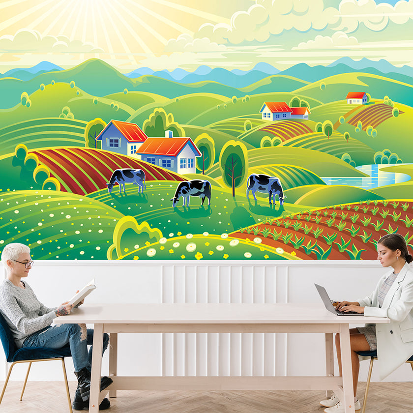 GM0470 Grace & Gardenia Happy Cow Farm Premium Peel and Stick Mural 156in wide x 112in height, Green Blue Yellow