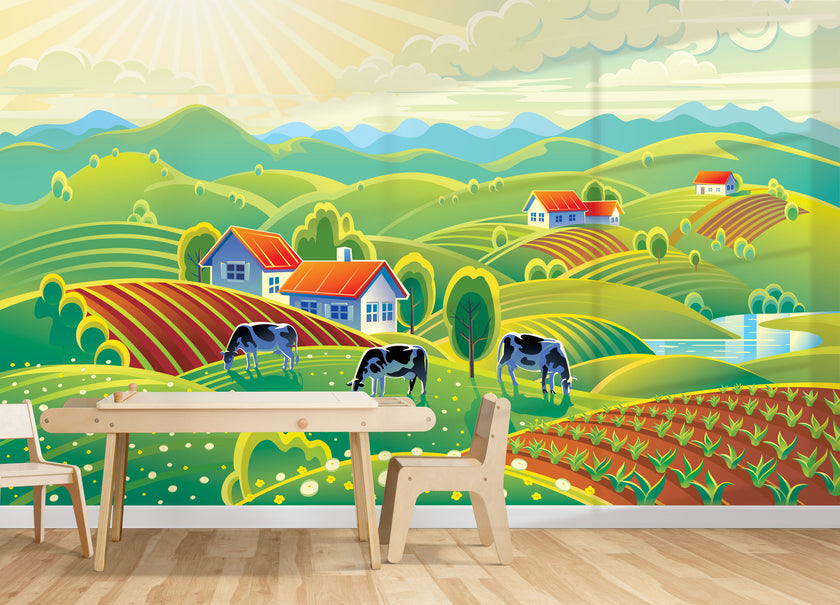 GM0470 Grace & Gardenia Happy Cow Farm Premium Peel and Stick Mural 156in wide x 112in height, Green Blue Yellow