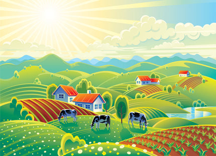 GM0470 Grace & Gardenia Happy Cow Farm Premium Peel and Stick Mural 156in wide x 112in height, Green Blue Yellow