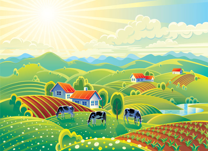 GM0470 Grace & Gardenia Happy Cow Farm Premium Peel and Stick Mural 156in wide x 112in height, Green Blue Yellow