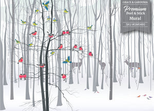 GM0480 Grace & Gardenia Birds in the Snow Premium Peel and Stick Mural 156in wide x 112in height, Gray Red Yellow