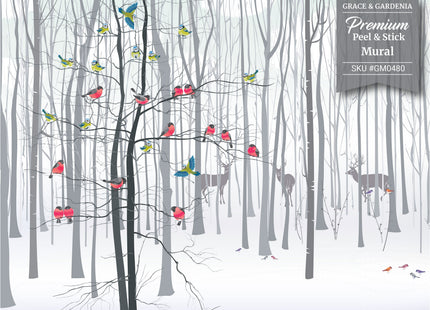 GM0480 Grace & Gardenia Birds in the Snow Premium Peel and Stick Mural 156in wide x 112in height, Gray Red Yellow