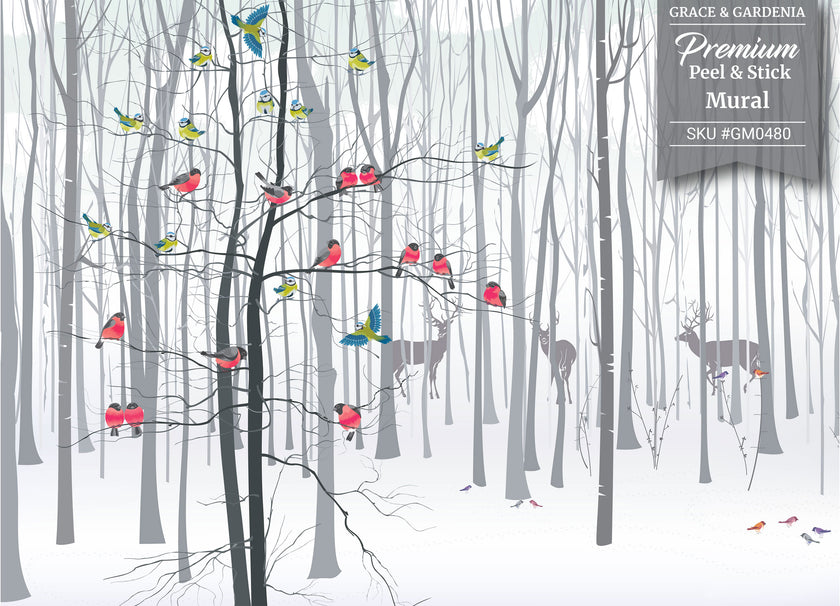 GM0480 Grace & Gardenia Birds in the Snow Premium Peel and Stick Mural 156in wide x 112in height, Gray Red Yellow