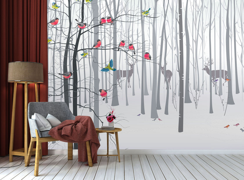 GM0480 Grace & Gardenia Birds in the Snow Premium Peel and Stick Mural 156in wide x 112in height, Gray Red Yellow