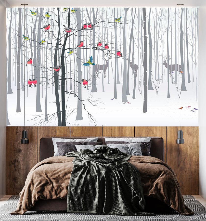 GM0480 Grace & Gardenia Birds in the Snow Premium Peel and Stick Mural 156in wide x 112in height, Gray Red Yellow