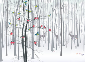 GM0480 Grace & Gardenia Birds in the Snow Premium Peel and Stick Mural 156in wide x 112in height, Gray Red Yellow