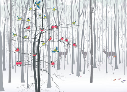 GM0480 Grace & Gardenia Birds in the Snow Premium Peel and Stick Mural 156in wide x 112in height, Gray Red Yellow