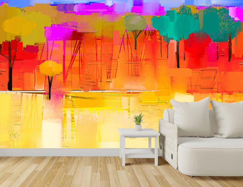 GM0490 Grace & Gardenia Abstract Forest  Premium Peel and Stick Mural 156in wide x 112in height, Blue Orange Yellow