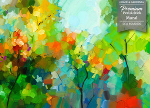 GM0500 Grace & Gardenia Abstract Trees Premium Peel and Stick Mural 156in wide x 112in height, Green Yellow Orange