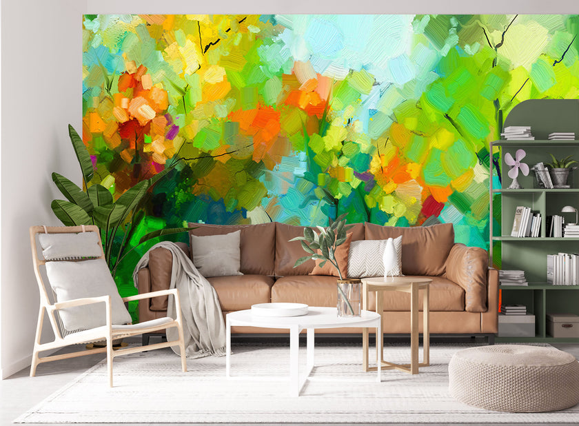 GM0500 Grace & Gardenia Abstract Trees Premium Peel and Stick Mural 156in wide x 112in height, Green Yellow Orange