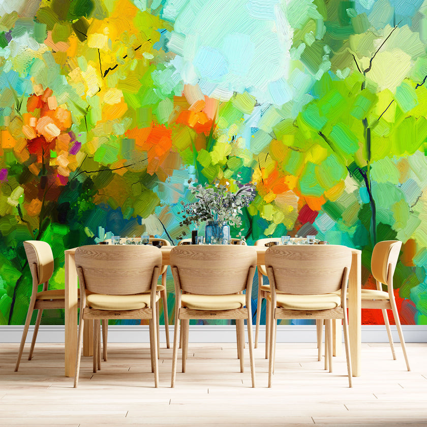 GM0500 Grace & Gardenia Abstract Trees Premium Peel and Stick Mural 156in wide x 112in height, Green Yellow Orange