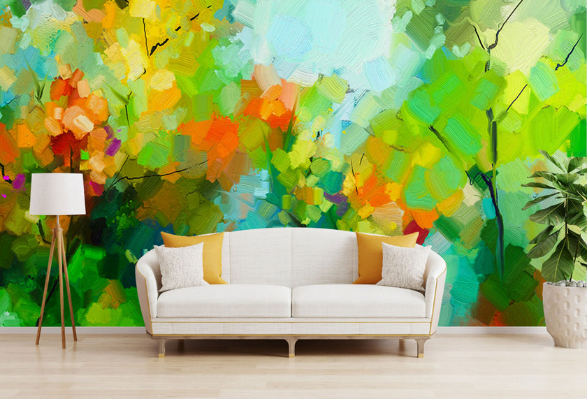GM0500 Grace & Gardenia Abstract Trees Premium Peel and Stick Mural 156in wide x 112in height, Green Yellow Orange