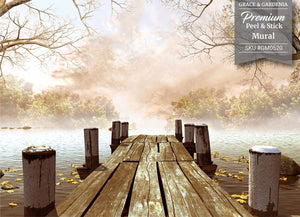 GM0520 Grace & Gardenia Dock in the Fog Premium Peel and Stick Mural 156in wide x 112in height, Brown White