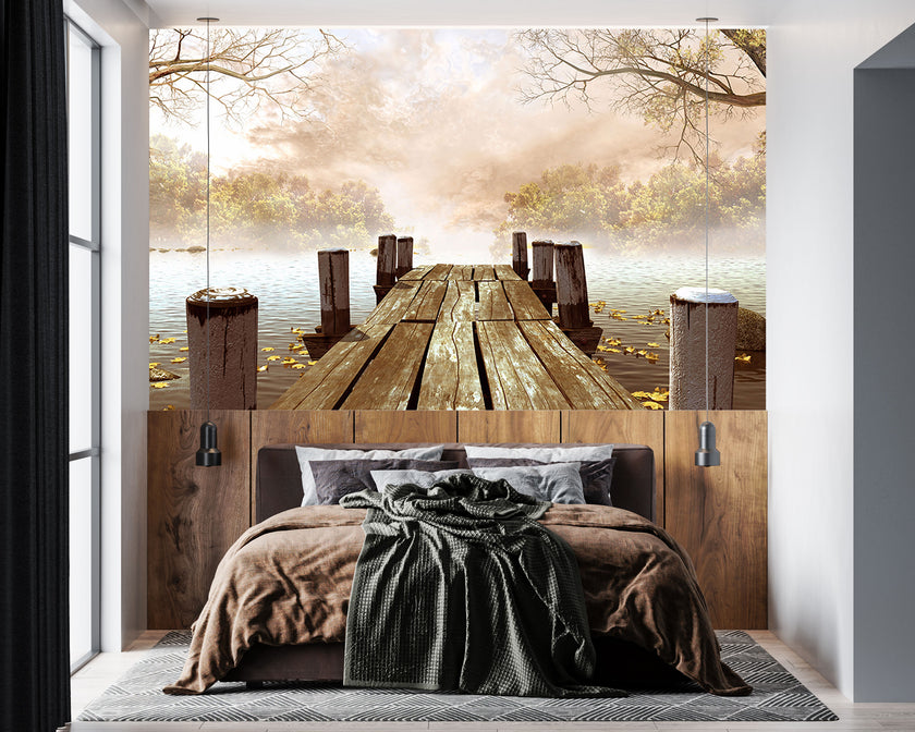 GM0520 Grace & Gardenia Dock in the Fog Premium Peel and Stick Mural 156in wide x 112in height, Brown White