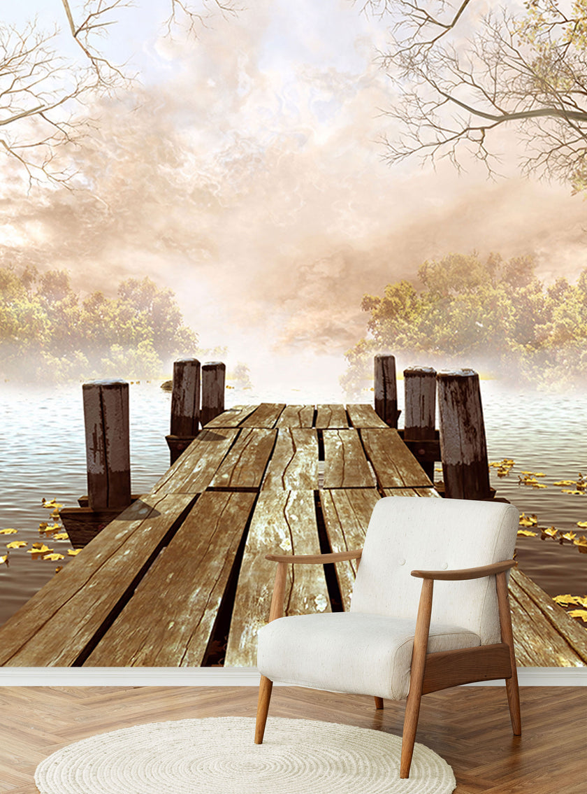 GM0520 Grace & Gardenia Dock in the Fog Premium Peel and Stick Mural 156in wide x 112in height, Brown White