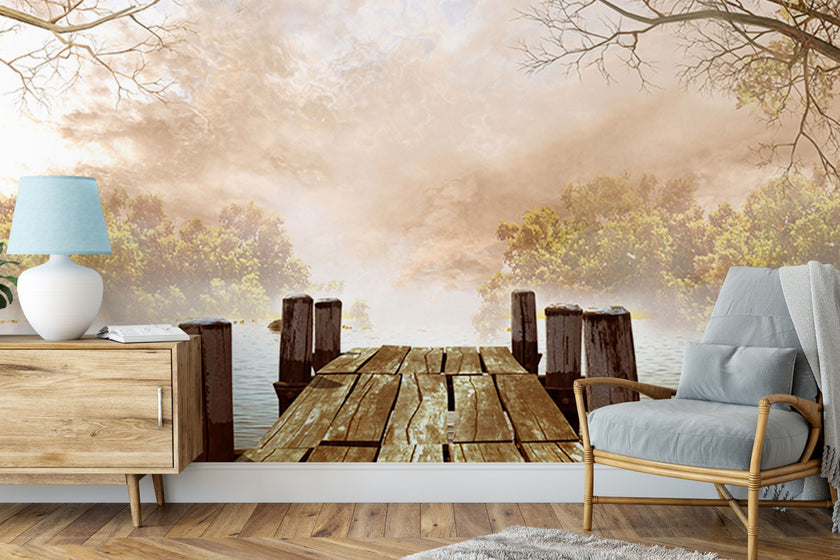 GM0520 Grace & Gardenia Dock in the Fog Premium Peel and Stick Mural 156in wide x 112in height, Brown White