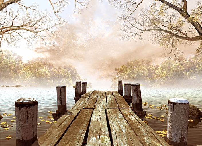 GM0520 Grace & Gardenia Dock in the Fog Premium Peel and Stick Mural 156in wide x 112in height, Brown White