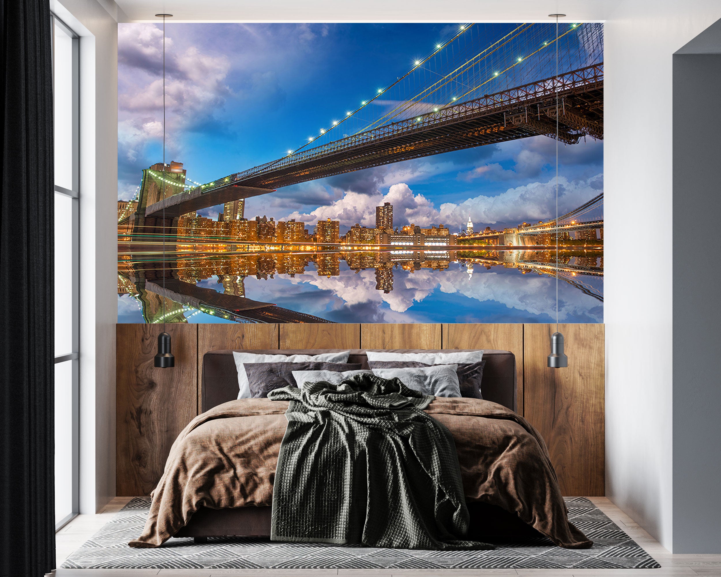 GM0540 Grace & Gardenia NYC Bridges Premium Peel and Stick Mural 156in wide x 112in height, Blue Yellow