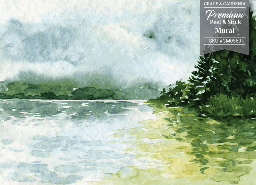 GM0560 Grace & Gardenia Lakeside Watercolor Premium Peel and Stick Mural 156in wide x 112in height, Green Yellow Blue