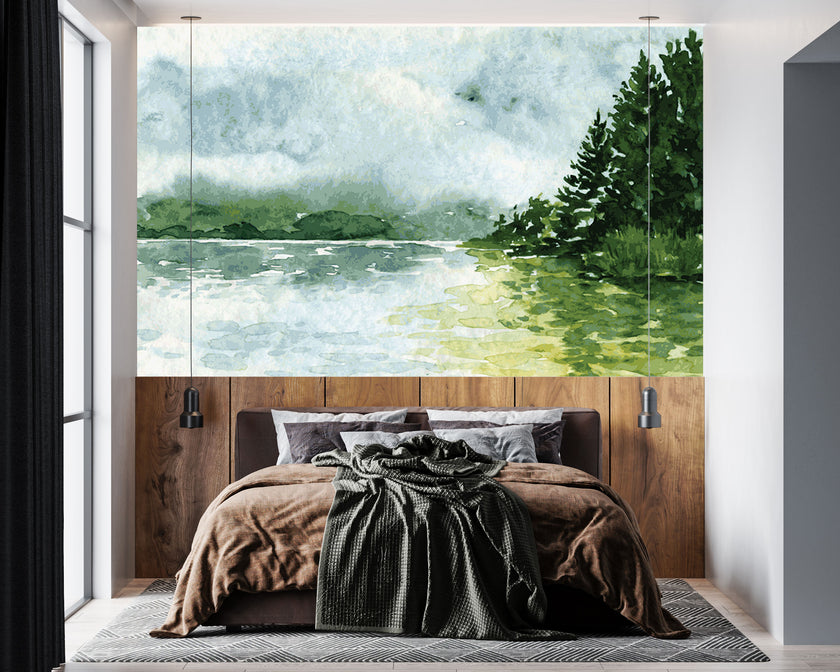 GM0560 Grace & Gardenia Lakeside Watercolor Premium Peel and Stick Mural 156in wide x 112in height, Green Yellow Blue