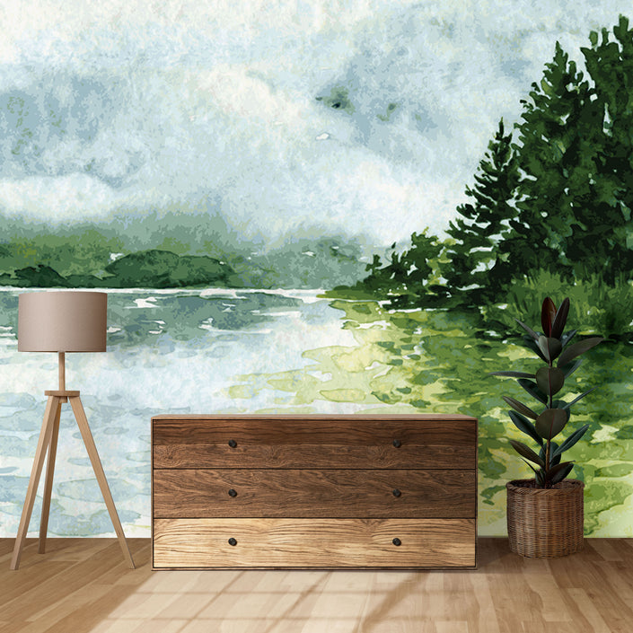 GM0560 Grace & Gardenia Lakeside Watercolor Premium Peel and Stick Mural 156in wide x 112in height, Green Yellow Blue