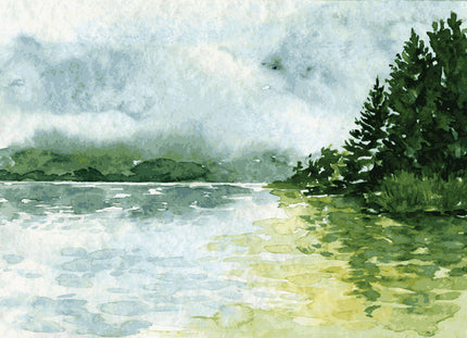 GM0560 Grace & Gardenia Lakeside Watercolor Premium Peel and Stick Mural 156in wide x 112in height, Green Yellow Blue