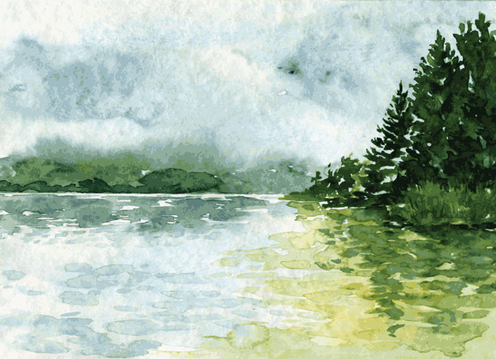 GM0560 Grace & Gardenia Lakeside Watercolor Premium Peel and Stick Mural 156in wide x 112in height, Green Yellow Blue