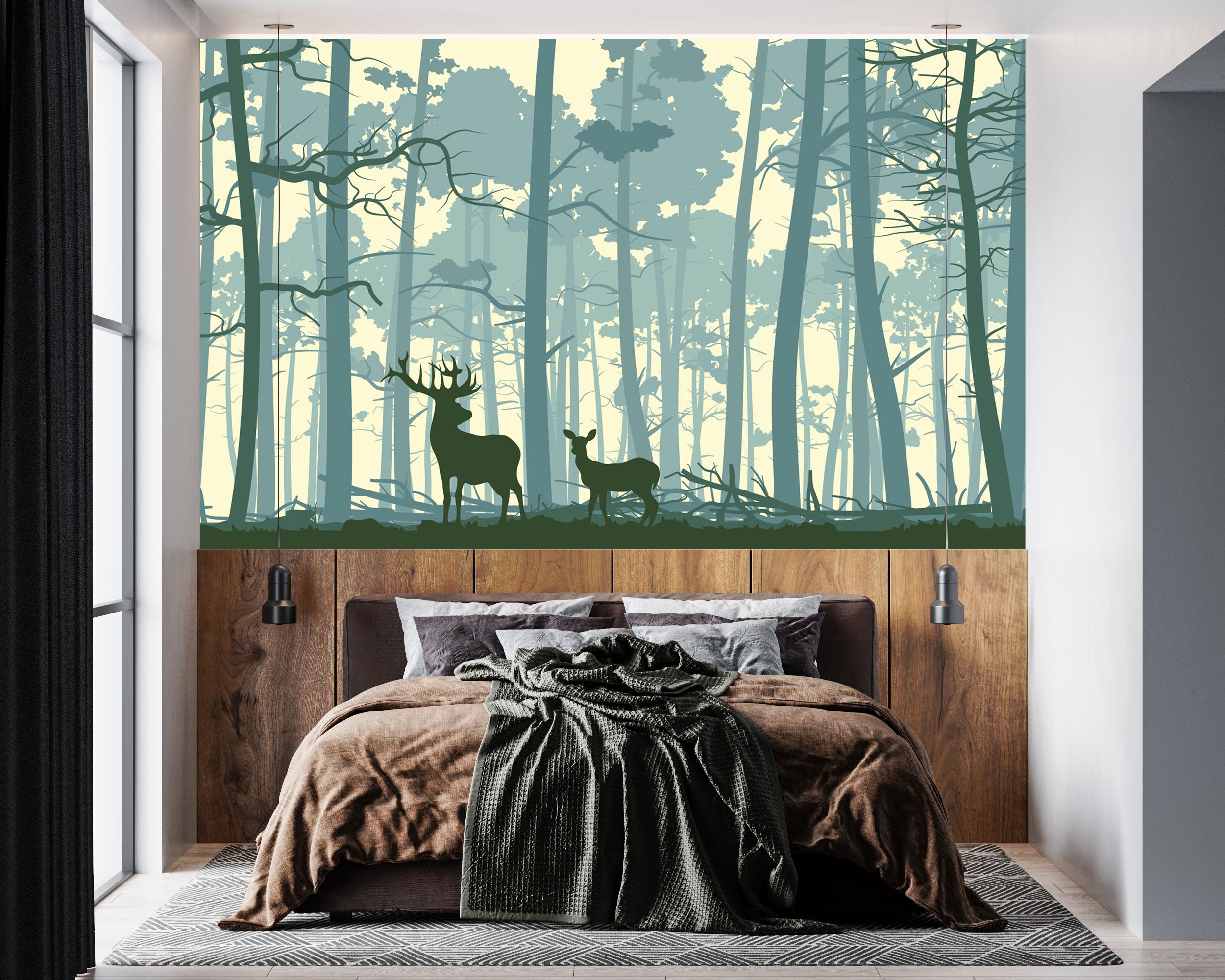 GM0570 Grace & Gardenia Deer in the Woods Premium Peel and Stick Mural 206in wide x 112in height, Blue Green