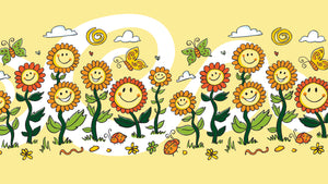 GM0600 Grace & Gardenia Smiling Flowers and Butterflies Premium Peel and Stick Mural 206in wide x 112in height, Yellow Green White