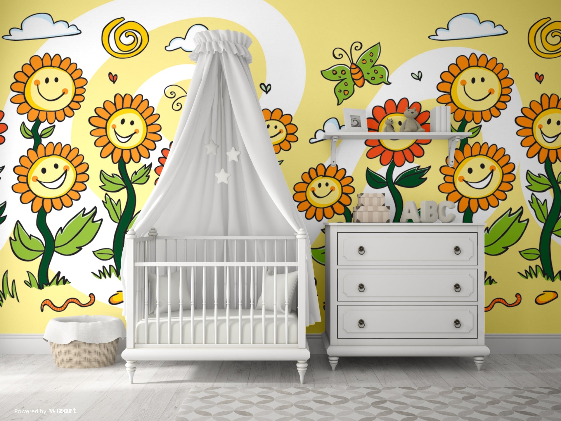 GM0600 Grace & Gardenia Smiling Flowers and Butterflies Premium Peel and Stick Mural 206in wide x 112in height, Yellow Green White