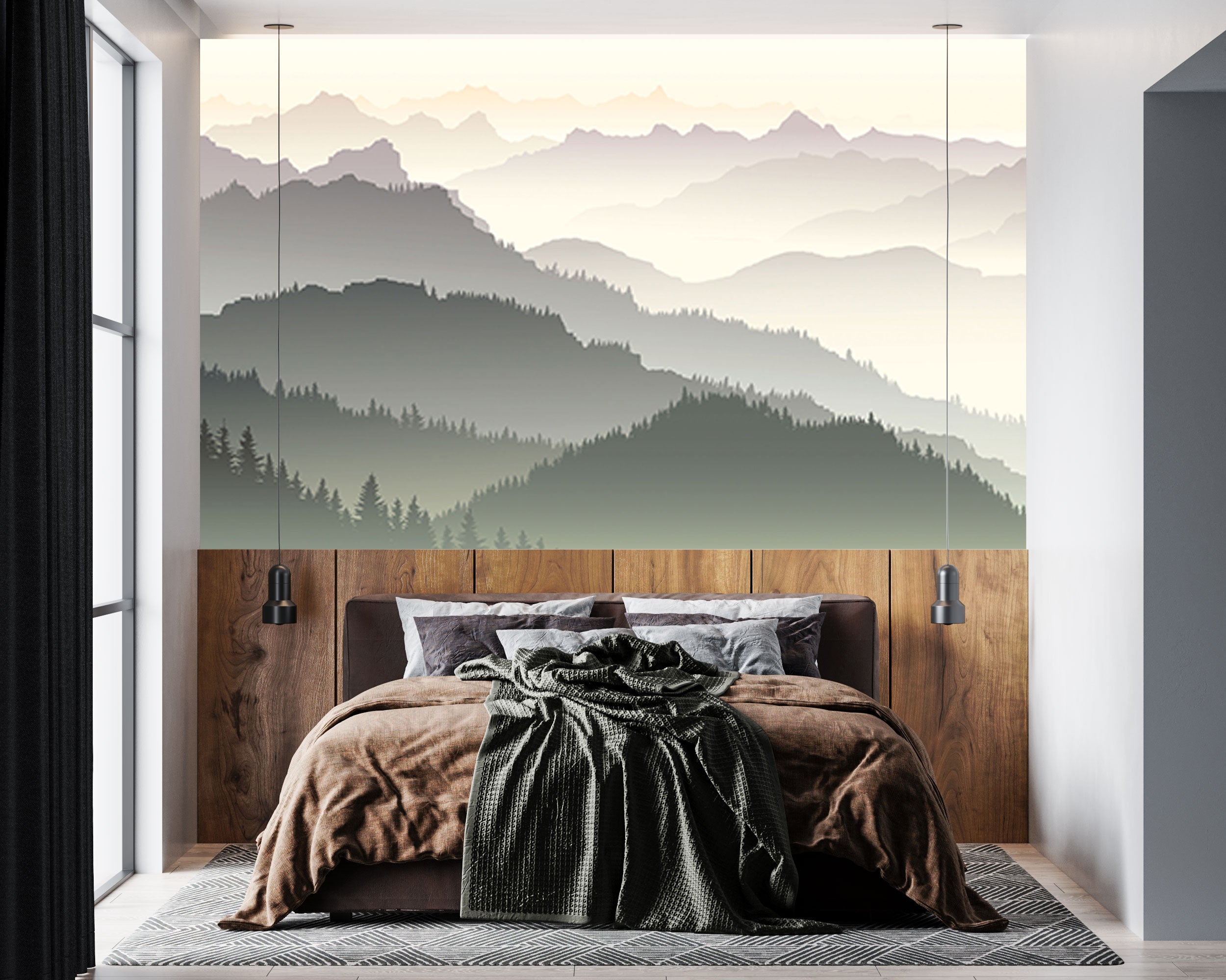 GM0610 Grace & Gardenia Mountains in the Mist Premium Peel and Stick Mural 206in wide x 112in height, Gray Yellow