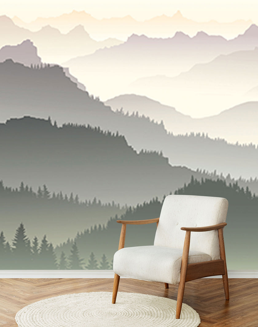 GM0610 Grace & Gardenia Mountains in the Mist Premium Peel and Stick Mural 206in wide x 112in height, Gray Yellow