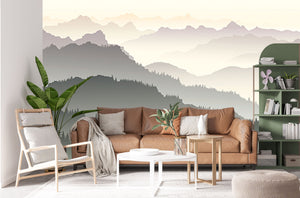 GM0610 Grace & Gardenia Mountains in the Mist Premium Peel and Stick Mural 206in wide x 112in height, Gray Yellow