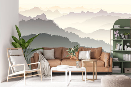 GM0610 Grace & Gardenia Mountains in the Mist Premium Peel and Stick Mural 206in wide x 112in height, Gray Yellow