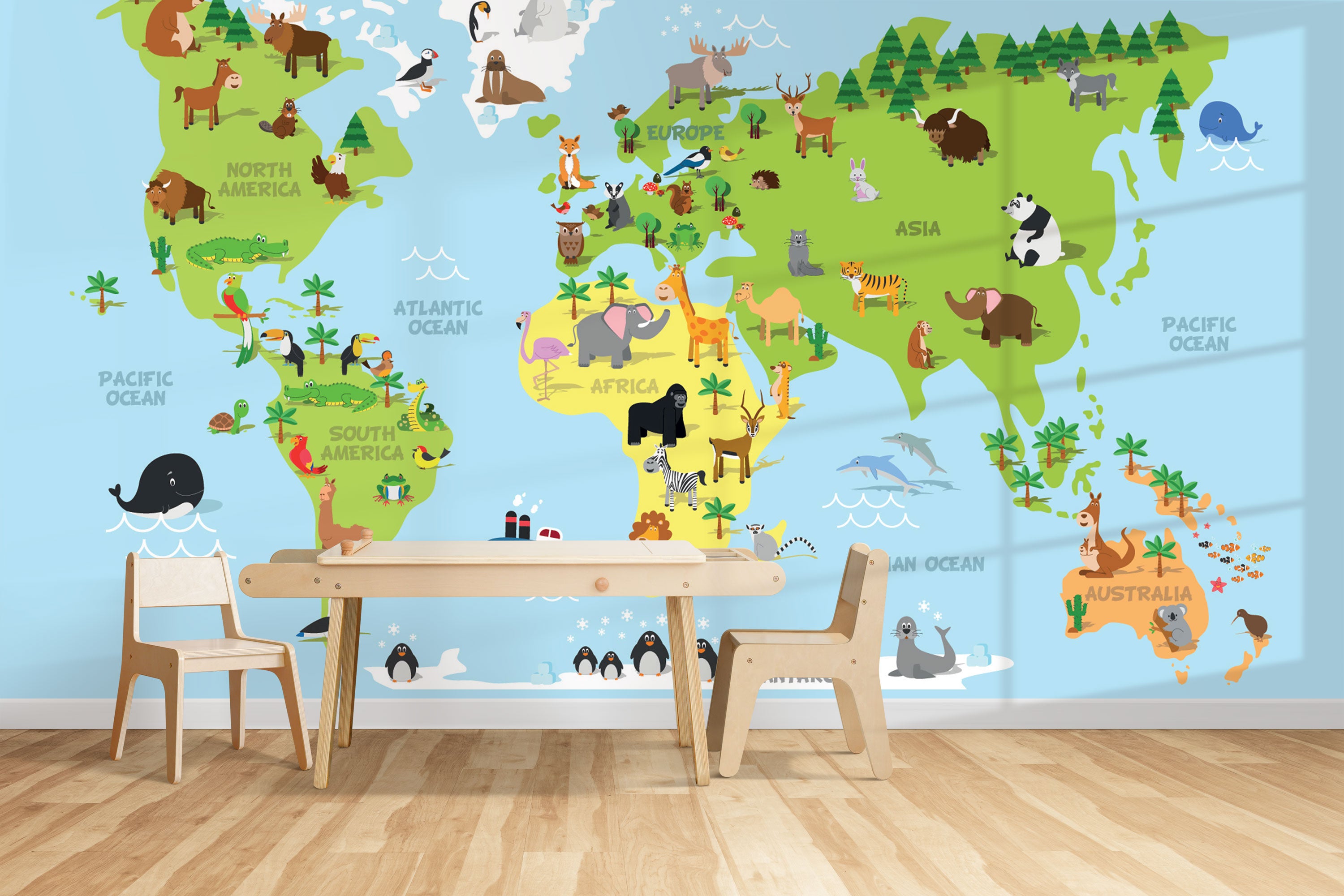 GM0660 Grace & Gardenia Cartoon Animal Map Premium Peel and Stick Mural 206in wide x 112in height, Blue Green Yellow