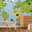 GM0660 Grace & Gardenia Cartoon Animal Map Premium Peel and Stick Mural 206in wide x 112in height, Blue Green Yellow