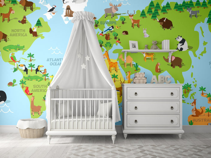 GM0660 Grace & Gardenia Cartoon Animal Map Premium Peel and Stick Mural 206in wide x 112in height, Blue Green Yellow