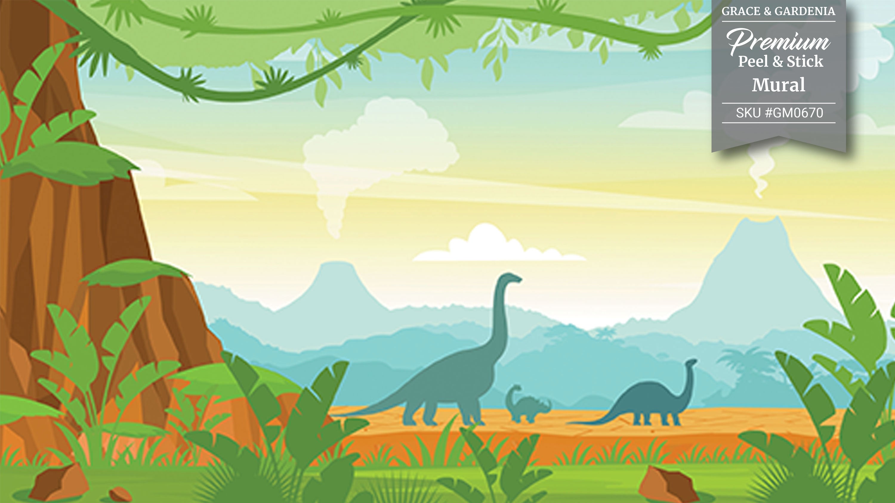 GM0670 Grace & Gardenia Dinosaur Landscape Premium Peel and Stick Mural 206in wide x 112in height, Green Brown Blue Yellow